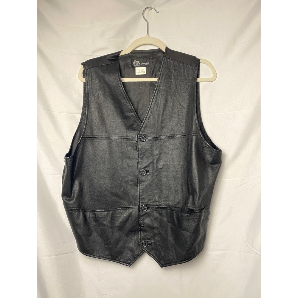 Golden Leaf Black Leather Vest Mens 3XL Motorcycle Biker Style Waistcoat